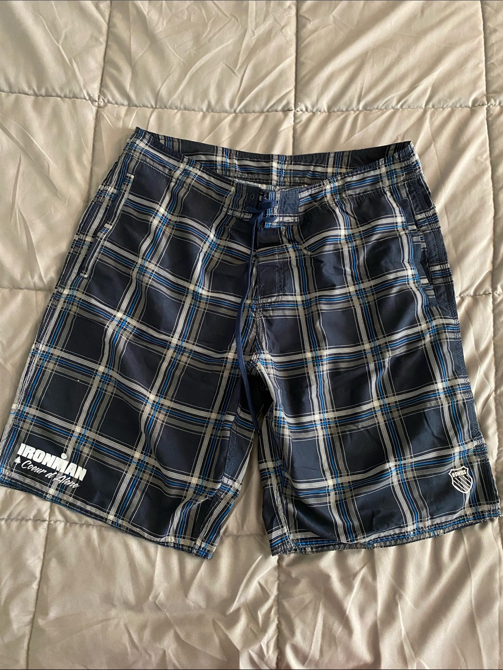 K-Swiss Ironnman Coeur d’Alene Men's Navy Plaid Swim Board Shorts - size XL